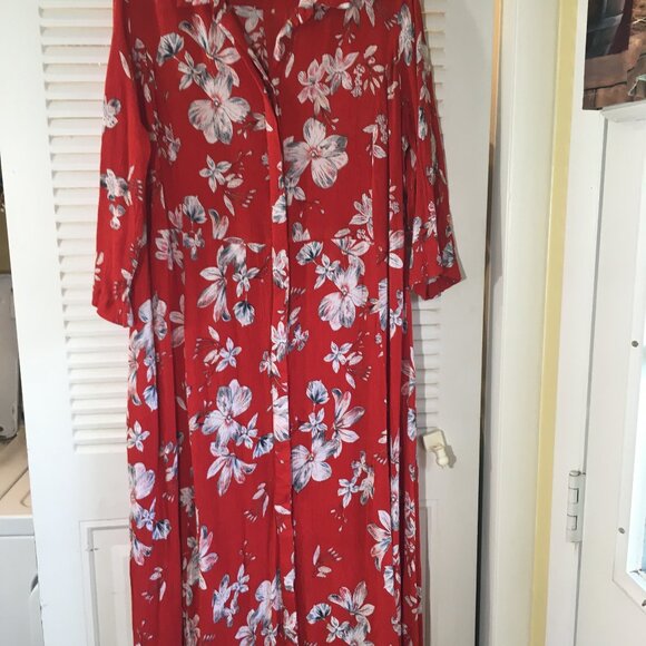 Woman Within Sz 24w red  floral button front Maxi with pockets waisted easy care - Picture 1 of 6